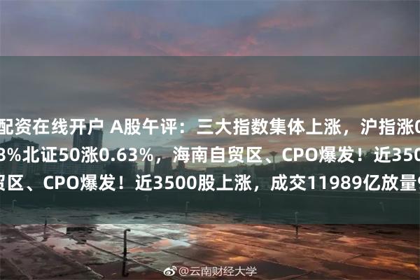 配资在线开户 A股午评：三大指数集体上涨，沪指涨0.64%创业板指涨1.8%北证50涨0.63%，海南自贸区、CPO爆发！近3500股上涨，成交11989亿放量954亿